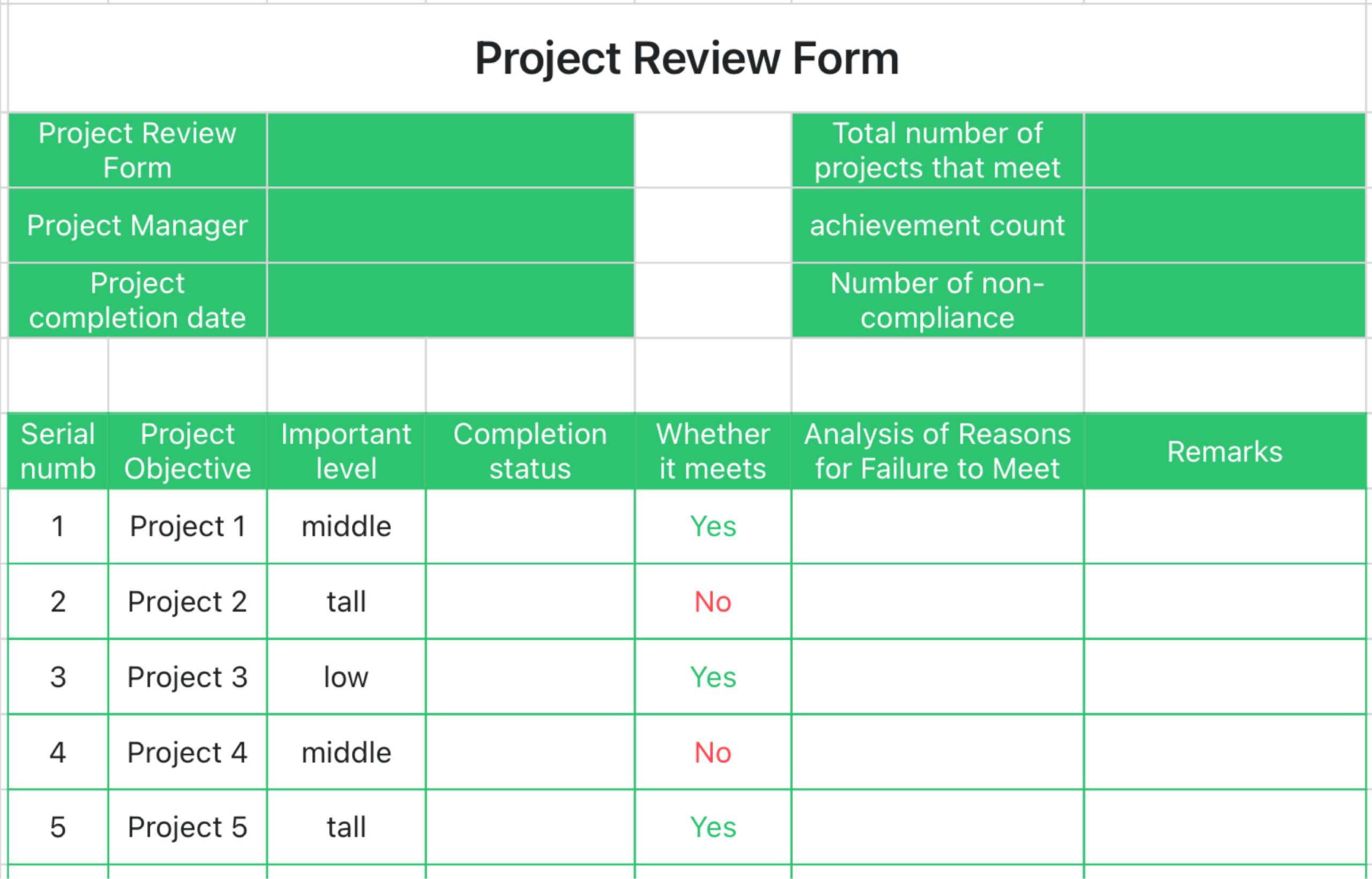 Project review table